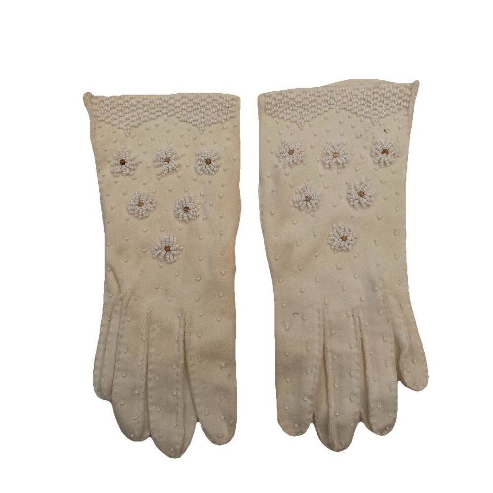 Vtg Size M 6.5/7  Cotton Gloves White Glass Beaded Daisies Circa 1960s Soiled